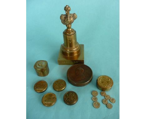 A small cast brass portrait bust on engraved base and an embossed copper box both for George IV, a gilt metal embossed box fo
