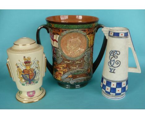 1937 Coronation: a large Royal Doulton loving cup, 265mm, a Copeland lamp base and a stylish Crown Ducal jug (3)(Royal Commem