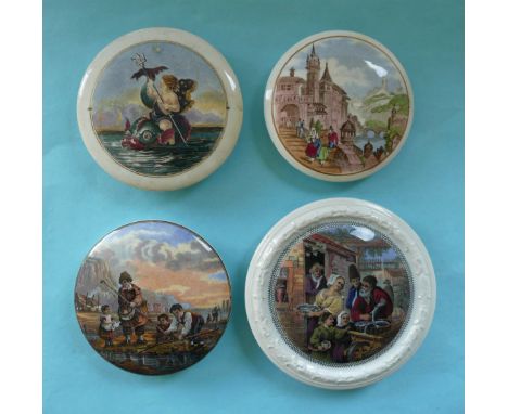 Sea Nymph with Trident (64) restored Swiss Riverside Scene (65) Shrimpers (63) and Fishbarrow (58) (4)(Staffordshire Pot Lids