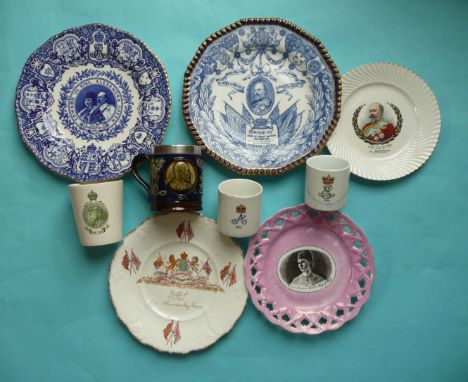 Edward VII: five plates including an unusual Princess May print, two lithophane mugs, Alexandra repaired, a beaker and a Doul