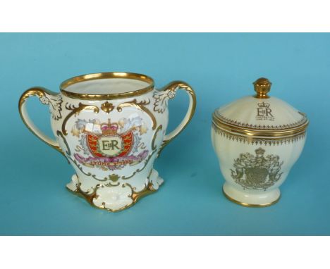 Elizabeth II: a Paragon twin handled vase, a Spode sucrier and cover, a Royal Crown Derby dish and four plates (8)(Royal Comm