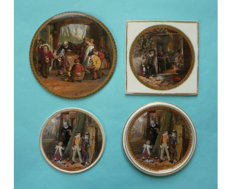 A plaque: The Last In, 210 mm diameter, a square plaque and two teapot stands (4) (Prattware)