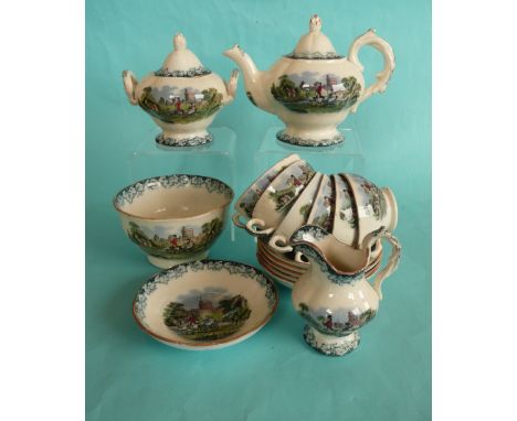 A child’s tea set comprising teapot, spout restored, 118mm, a sucrier, a jug, a bowl restored and six cups and saucers (18)(P