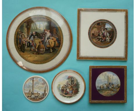 A plaque, 218mm square, two teapot stands a small circular plaque and another repaired (5)(Prattware)