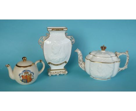 1897 Jubilee: a Copeland white moulded teapot, 142mm and a similar vase, both with hairline crack and a Macintyre teapot (5)(