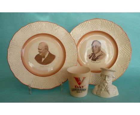 A pair of Solian Ware plates for Churchill and Roosevelt, a glazed parian bust of General Booth of the Salvation Army and a p
