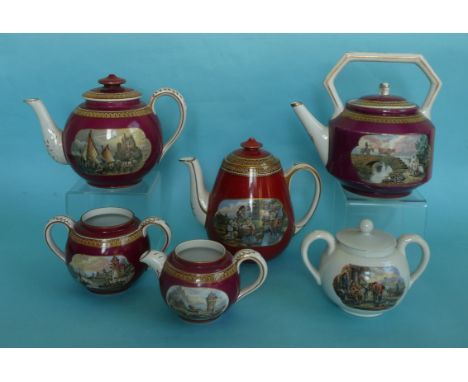 A matching teapot, sucrier and cream jug, spout restored, two other teapots, both spouts restored and a sucrier, cover rebuil