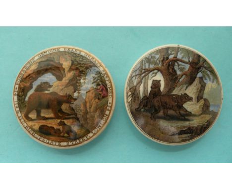 Bear Hunting (4) and Bears on Rock (10) both well restored (2)(Staffordshire Pot Lids)