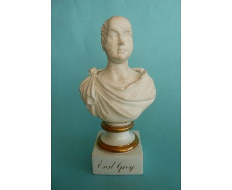 Earl Grey: a bisque porcelain portrait bust on gilt named square glazed base, circa 1832, 168mm.* Grey was Prime Minister at 