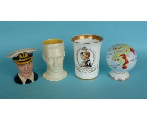 1937 Coronation: a Minton beaker, a Melba globe and two small character jugs (4)(Royal Commemorative, Ephemera)