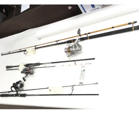 Collection of three rods and reels. Grauvell pro spin 9ft Fish zone makoto light lure. Okuma revenger 6ft