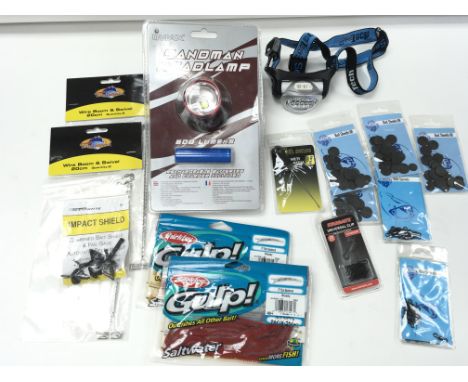 Collection of various fishing accessories including head lamp - bait shield