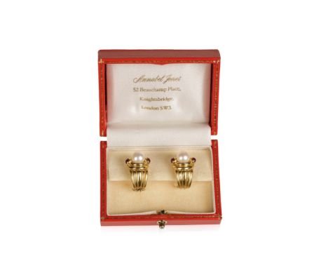ANNABEL JONES A PAIR OF GOLD, CULTURED PEARL AND RUBY EAR CLIPS, each cultured pearl flanked either side with a cabochon ruby