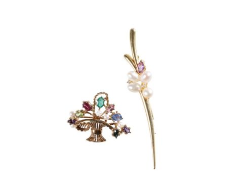 CULTURED PEARL AMETHYST AND DIAMOND BROOCH, set as a flower on a yellow gold stalk, stamped "585" and a gem set basket brooch