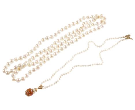 SINGLE STRAND CULTURED PEARL NECKLACE, each pearl knotted, and one other "Orquidea" pearl necklace with fancy pendant attache