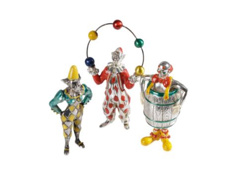 GENE MOORE (1910 - 1998) FOR TIFFANY &amp; CO: THREE STERLING SILVER AND ENAMEL CIRCUS FIGURES, comprising a clown in a barre