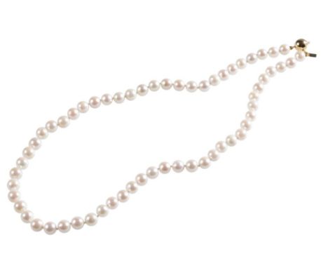 CULTURED PEARL NECKLACE, each pearl knotted, with gold ball clasp, stamped "375", 46 cm long.
