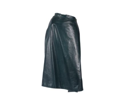 HERMES: VINTAGE OLIVE GREEN SHEEPSKIN LEATHER WRAP OVER SKIRT, fastened with embossed button, chain skirt hangers, 24'' waist