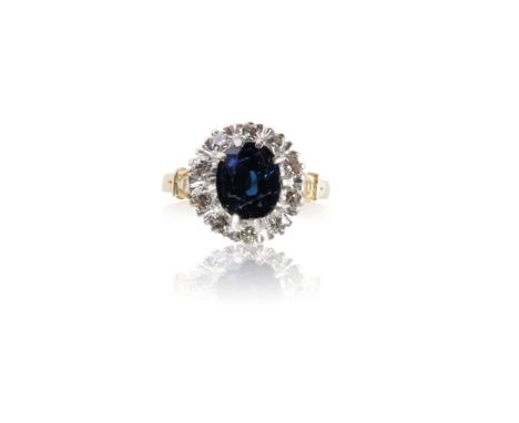 SAPPHIRE AND DIAMOND CLUSTER RING, the oval-cut sapphire, surrounded by a boarder of ten round-cut diamonds, on an 18ct yello