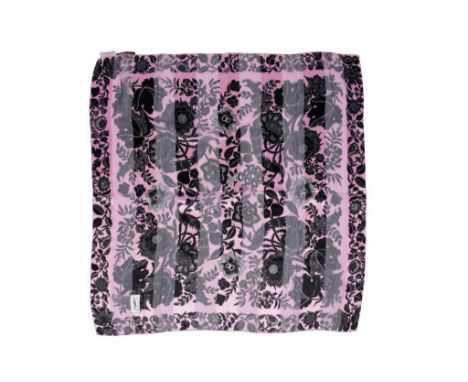 YVES ST LAURENT SILK SCARF, two-tone baby pink background with black overall design of peacocks, flowers and foliage. 85 x 85