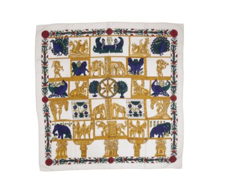 HERMES: 'TORANA' CREAM &amp; GOLD SILK SCARF, designed by Annie Faivre, released 1987, with animal motif, 90cm x 90cm