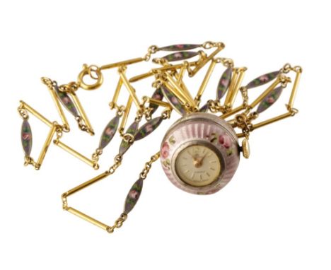 BOUCHERON ENAMEL AND SILVER PENDANT WATCH AND CHAIN with manual wind movement, silver dial, gold baton numerals and hands wit