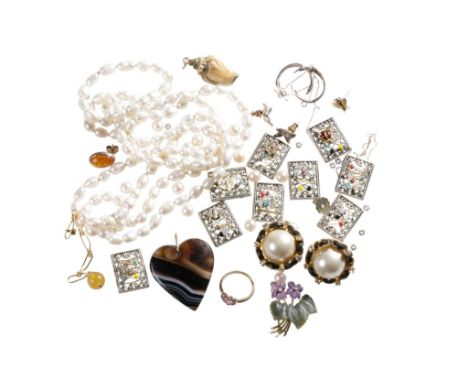 COLLECTION OF COSTUME JEWELLERY, to include a 585 gold and "resin" floral brooch, the violets set to the centre with a diamon