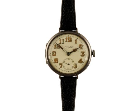 ROLEX SILVER CASED TRENCH WATCH with manual wind movement, white dial, Arabic numerals, subsidiary seconds dial, on a black l
