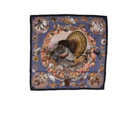 HERMES: 'FAUNE ET FLORE DU TEXAS' SILK SCARF, designed by Kermit Oliver, released 1992, on powder blue background with black 