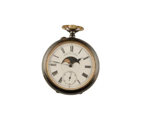 CONTINENTAL GUN METAL OPEN FACE POCKET WATCH with keyless wind movement, white enamel dial, black Roman numerals, moon face, 