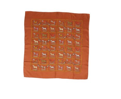 HERMES 'PETITS CHEVAUX' SILK SCARF. Designed by Jacques Eudel. Tan coloured. Released circa 1974. 85 x 85cm.