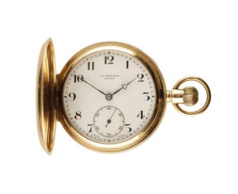 9CT GOLD FULL HUNTER GENTLEMAN'S POCKET WATCH with keyless wind, white enamel dial, subsidiary seconds dial, black Roman nume