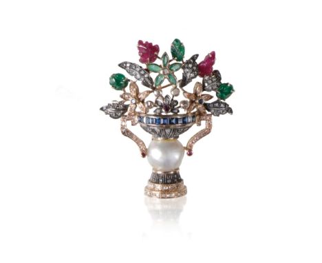 VICTORIAN DIAMOND, GEM AND PEARL SPRAY BROOCH, various gem set flowers displayed in a diamond and gem set urn with diamond se