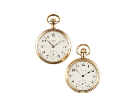 TWO WALTHAM GOLD PLATED OPEN FACE GENTLEMAN'S POCKET WATCHES with keyless wind, white enamel dials, subsidiary dials, Arabic 