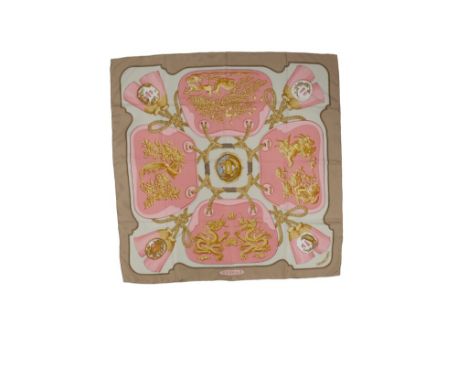 HERMES: 'TSUBAS' SILOK SCARF, designed by Christine Vauzelles, originally released in 1971, this design of Gold &amp; Peach w