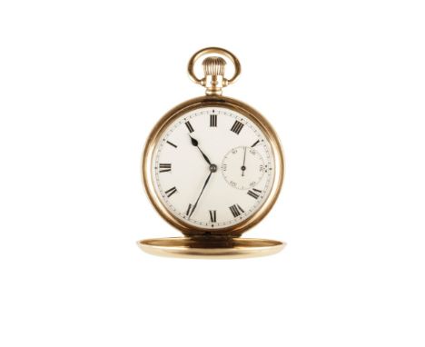 J.W. BENSON OF LONDON 9CT GOLD CASED FULL HUNTER GENTLEMAN'S POCKET WATCH with keyless wind, white enamel dial, subsidiary se