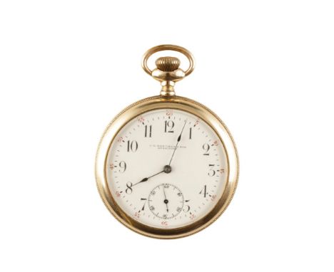 J.H. HASTINGS &amp; SONS GOLD PLATED OPEN FACE GENTLEMAN'S POCKET WATCH with keyless wind, white enamel dial, subsidiary seco