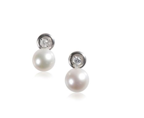 CULTURED PEARL AND DIAMOND EAR STUDS, each grey tone cultured pearl suspended from a brilliant-cut diamond, approximately 0.0