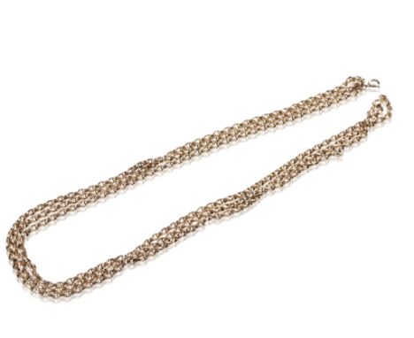 TRIPLE UNMARKED YELLOW METAL BELCHER CHAIN, each chain 49cm long, joined to a single ring clasp, approximately 34grms total w