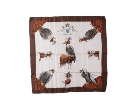 HERMES: 'CHASSE A VOL', SILK SCARF, designed by Henri de Linares, released 1962, cream background, chocolate brown border, wi