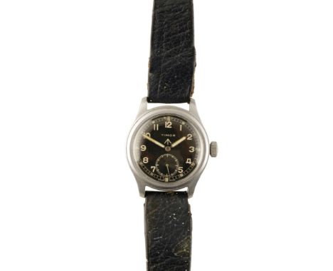 TIMOR BRITISH MILITARY WRIST WATCH with manual wind movement, black dial, subsidiary dial, Arabic numerals, screw back, issue