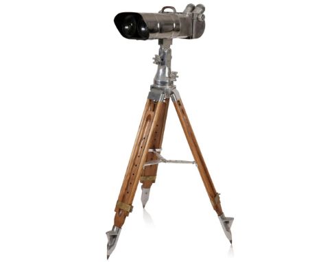 PAIR OF 1950'S GERMAN SCHNEIDER 25 X 105 FIELD BINOCULARS with Zeiss lenses, chrome plated, on a folding wooden and chrome tr