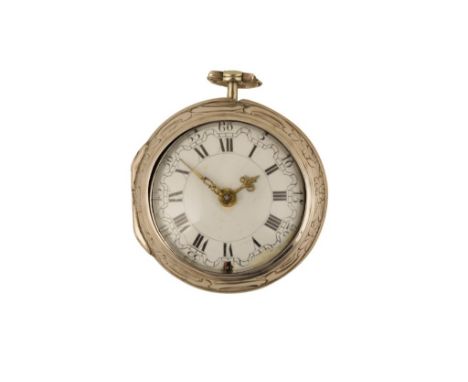 TARTS SILVER PAIR CASED REPOUSSE VERGE GENTLEMAN'S POCKET WATCH with white enamel dial Roman numerals and gold hands, London,