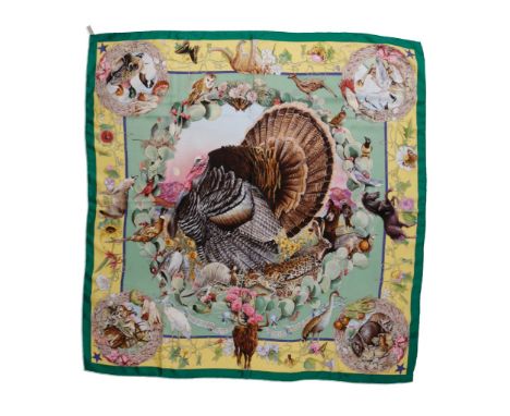 HERMES 'FAUNE ET FLORE DU TEXAS' SILK SCARF, designed by Kermit Oliver. Released 1992. Pale green background with emerald gre