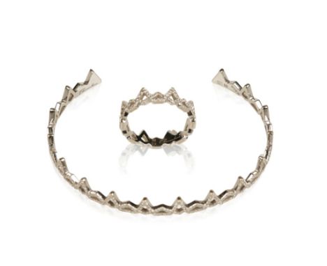 CHARMALEENA, 18K WHITE GOLD MICRO SET DIAMOND TORQUE BRACELET AND MATCHING RING, both stamped "Charmaleena" and numbered "251