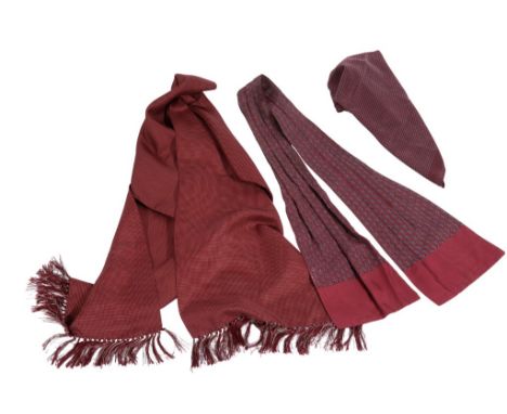 HERMES GENTLEMEN'S SILK CRAVAT, dark red with blue anchor design, an Austin Reed dark red men's scarf with small cream spot a