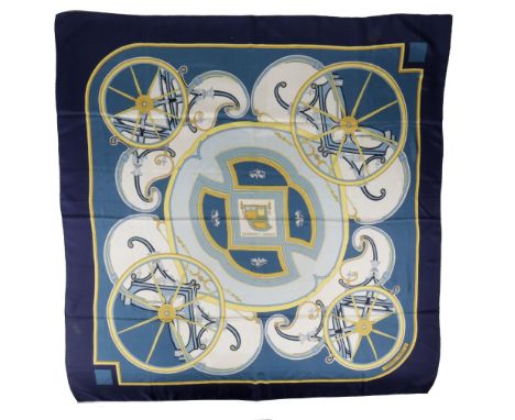 HERMES 'WASHINGTON'S CARRIAGE' SILK SCARF, designed by Caty Latham. Released 1978. Geometric design on a teal background with