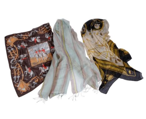 BASILE LARGE FINE SILK SCARF, cream background with black border, with horse, crop and stirrup design. 140 x 140cm, with two 