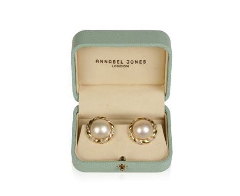 ANNABEL JONES A PAIR OF MABE PEARL AND DIAMOND EAR CLIPS, each pearl collet-set within a boarder of roped gold, and micro-set