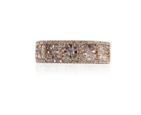 DIAMOND HALF ETERNITY RING, the 18k rose gold band, half set with five squares forming a diamond flower, surrounded by border